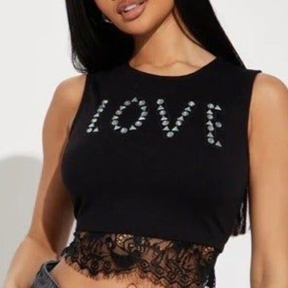 Fashionable Rhinestone Detail Lace Trim Sleeveless Cropped Top Size M RefM021 - Picture 2 of 8